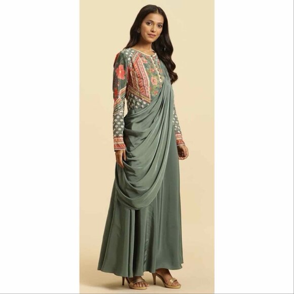 Wishful x Sahil Kochhar Green Printed Maxi Saree Dress Beaded Embroidered - Picture 8 of 9